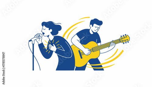 A vocalist stands in front of a mic stand pouring emotions into a song while a guitarist strums energetically in the background lost in their music.