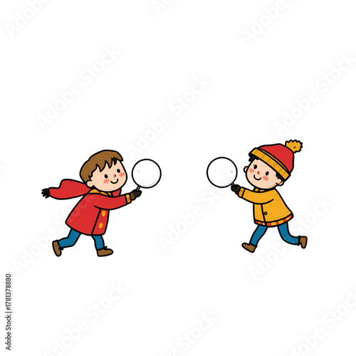 Cute Kids Playing Snowball Fight Winter Cartoon