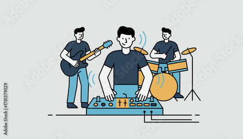 A sound engineer monitors levels on an audio mixer expertly adjusting settings as the band rehes capturing their sound in realtime.