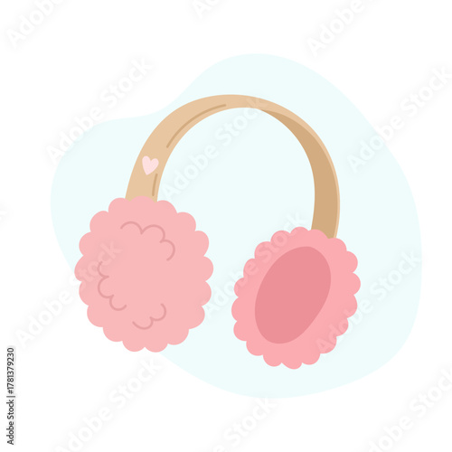 Fluffy earmuffs in soft pink color with cute heart accent, cozy earmuffs symbolizing winter warmth and playful kawaii style, earmuffs illustration for seasonal fashion and lifestyle designs.