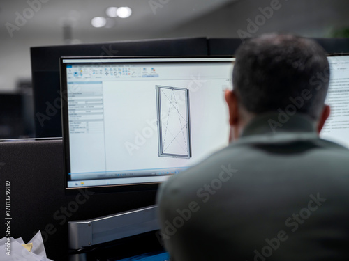 Professional using computer aided design software to model window frame with technical specifications