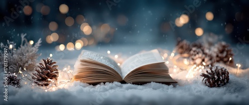 Beauty of a new year with an open book in snow