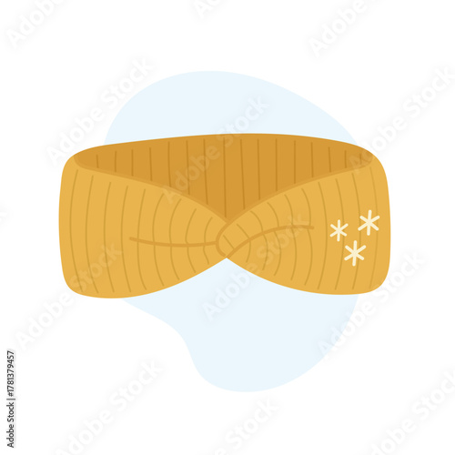 Knitted headband in warm mustard color with soft twist detail, cozy headband symbolizing autumn comfort and minimalist winter fashion, headband illustration for seasonal accessory design projects.
