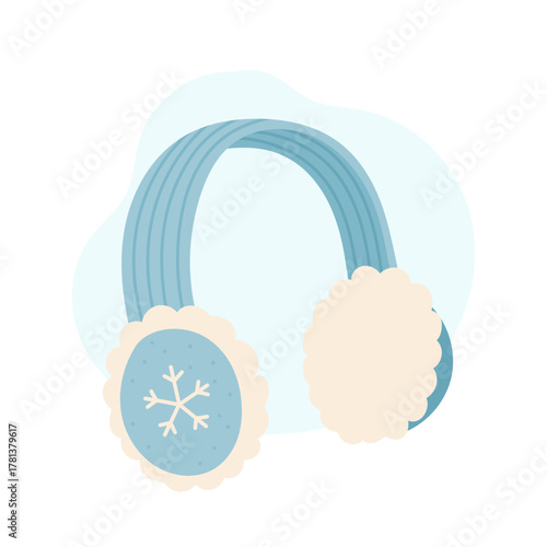 Knitted earmuffs in blue and cream tones with snowflake detail, cozy earmuffs symbolizing winter warmth and festive charm, earmuffs illustration for seasonal accessories and holiday design projects.