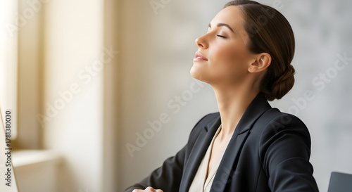Professional woman taking deep breath with closed eyes, mindfulness and ADHD self-control concept