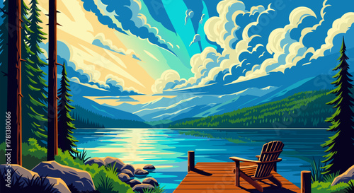 Secluded Lake Retreat Serene Lakeside View with Mountains, Dock, and Nature's Embrace