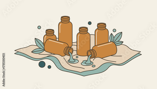 An arrangement of soothing essential oils in amber bottles spilling over a soft linen cloth highlighting the calming nature of aromatherapy.