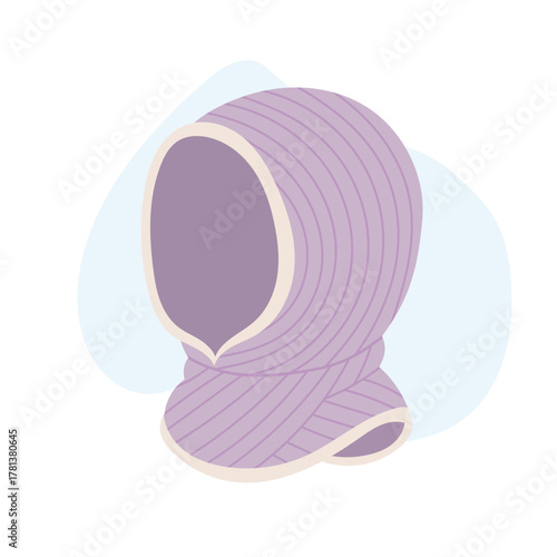 Knitted snood hat in soft lavender shade with cream edging, cozy snood hat representing modern winter comfort and minimal fashion aesthetic, snood hat illustration for seasonal lifestyle design.