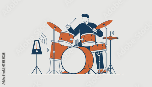 A drummer practicing with a metronome demonstrating dedication as their footwork and hand coordination improve in perfect sync.