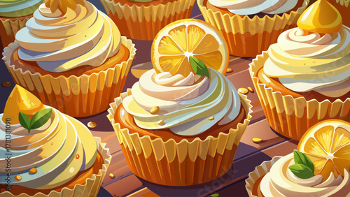 Very beautiful close-up of cupcakes topped with fresh lemon zest, soft creamy frosting, bright warm light, and a clean realistic dessert presentation.