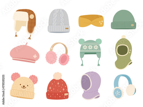 Cozy winter hat set with various knitted designs, fluffy earmuffs, and cute beanies in pastel tones, winter hat set symbolizing warm seasonal fashion, comfort, and Scandinavian winter aesthetics.