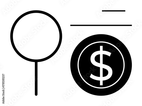 Magnifying glass exploring dollar sign with horizontal lines conveying search, analysis, and discovery. Ideal for finance, investment, audits, business strategy, economic trends, problem-solving