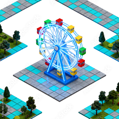 A glowing neon Ferris wheel in an isometric digital world, representing a futuristic amusement park attraction in the metaverse