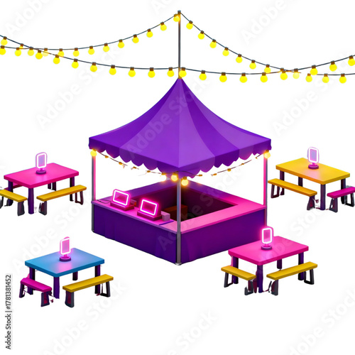 Vibrant outdoor festival event concept featuring a glowing purple market tent, cheerful picnic tables with colorful lights, and festive string illumination for social gatherings and entertainment