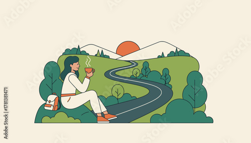 A winding road through lush scenery where a travel blogger takes a pause to enjoy the view while sipping tea.