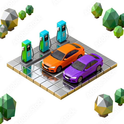 Vibrant 3D isometric illustration of a modern fuel station with cars at pumps, surrounded by stylized trees, representing efficient transportation and urban energy