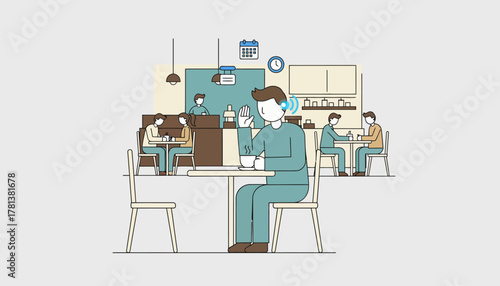 A user in a bustling coffee shop discreetly interacting with their voice assistant to manage tasks while sipping a drink.