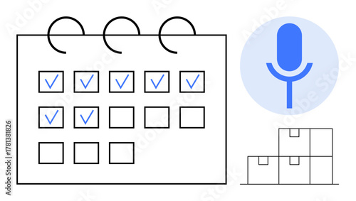 Grid-style calendar with checkmarks, blue microphone icon, and stacked storage boxes. Ideal for planning, productivity, time management, voice tasks, organization workflow and logistics. Simple