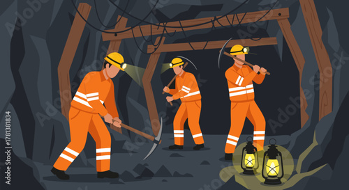 Group of miners in orange uniforms and helmets with headlamps working with pickaxes inside a dark underground coal mine tunnel vector illustration