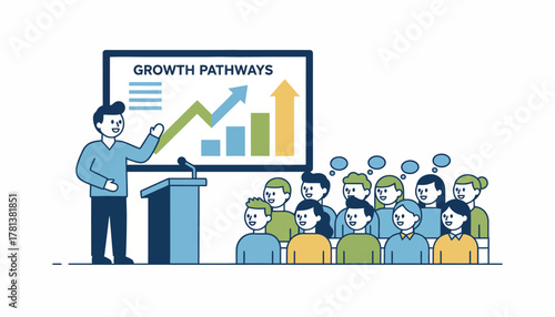 A career fair presentation showcasing growth opportunities where a speaker discusses pathways for advancement to an audience of eager listeners.