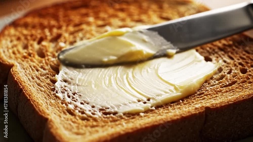 Creamy butter spread over slice of golden brown toast creates delicious breakfast option, inviting with its rich texture and perfect for any food lovers morning routine