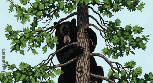 A black bear climbs high into the branches of a tall tree, surrounded by lush green leaves, against a clear sky