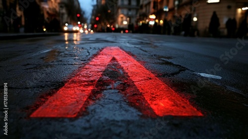 Vibrant Red Arrow on a Rain-Slicked Urban Road Reflecting Distant City Lights at Night