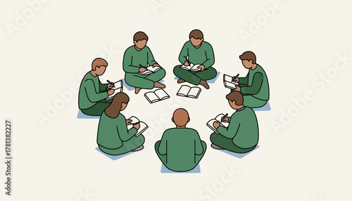 A diverse group of people sitting in a circle each writing in their journals during a guided workshop focused on mindfulness.