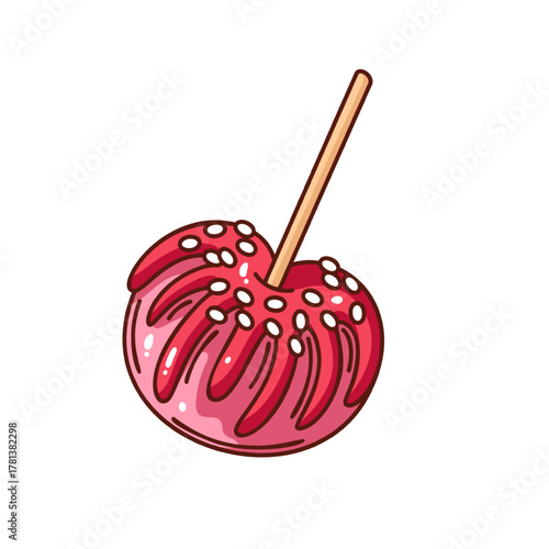 Red candy apple on stick covered with glossy caramel and sprinkles, drawn in groovy cartoon outline style, cute sweet fairground vector illustration full of carnival charm.