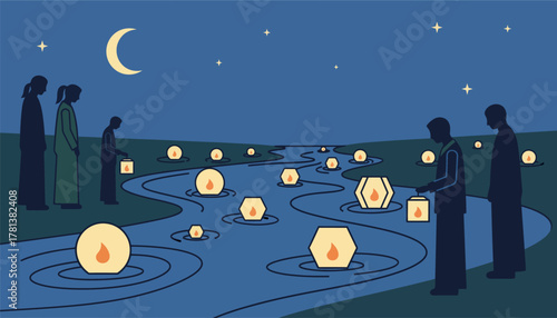 A serene nighttime scene where lanterns float in a river symbolizing remembrance and hope as people gather in silent reflection.