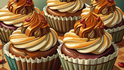 Very beautiful close-up of cupcakes topped with pecans and caramel drizzle, featuring soft frosting, warm natural light, and a rich realistic dessert presentation.