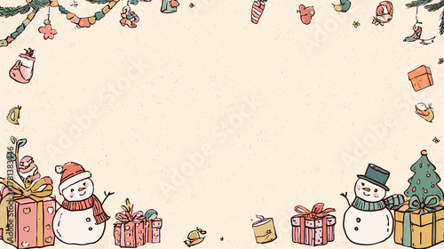 christmas poster background, cute hand-drawn style, pastel colors, snowmen and gifts on sides, childlike and fun, powerpoint background