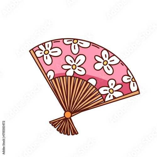 Cute pink folding fan with daisy floral pattern, drawn in groovy cartoon outline style, retro carnival vector illustration symbolizing summer breeze and vintage charm.