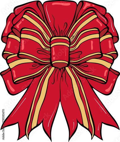 Large multilayer red gift bow with golden stripes. For Christmas, birthday or other festive card, invitation, print. Simple vector color illustration with outline in hand drawn style isolated on white