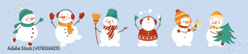 Set of cute Christmas snowmen in hats and scarves. Happy winter characters with mittens, earmuffs, broom, snowballs, gift and fir tree. Cheerful holiday collection. Flat vector illustration.