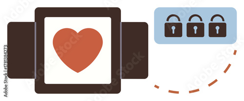 Heart icon on a smartwatch display paired with three padlocks illustrating health monitoring, digital security, privacy, wellness, data protection, personal safety, and technology. A simple flat