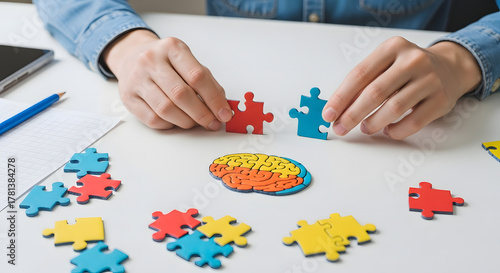 Hands assembling multicolored puzzle brain pieces on desk, ADHD concept of creative connection