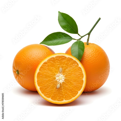 Fresh oranges, one sliced in half, with green leaves on a white background.