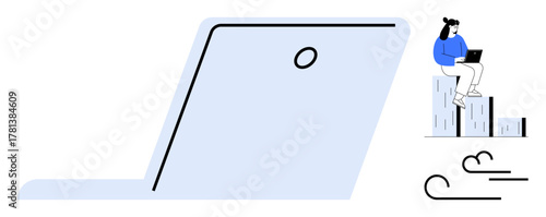 Giant laptop, person working on steps with a laptop, abstract wind lines. Ideal for freelancing, remote work, online learning, productivity, technology minimalism creativity. A simple flat metaphor