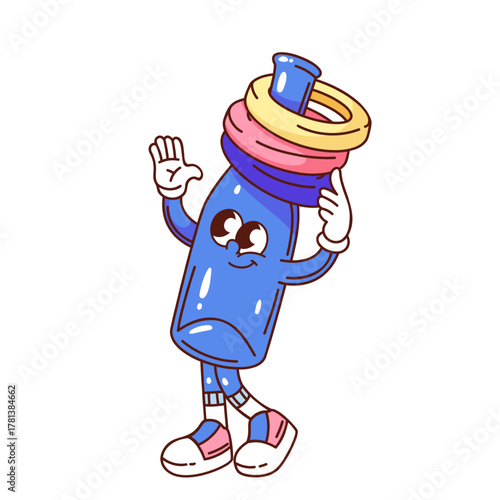 Cute blue bottle character with colorful rings and smiling face, wearing sneakers and posing playfully, drawn in groovy cartoon outline style, carnival game theme, vector illustration.