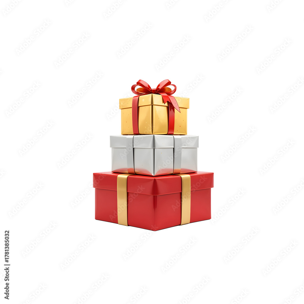 Obraz premium A stack of colorful gift boxes tied with a bright red ribbon