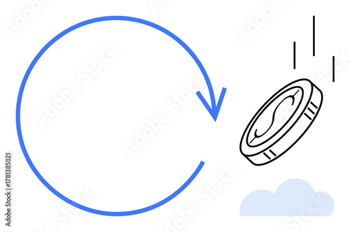 A falling coin beside a large circular arrow, symbolizing choices, economic decisions, or cycles. Ideal for themes of finance, risk, decision-making, economy, strategy investment simple flat