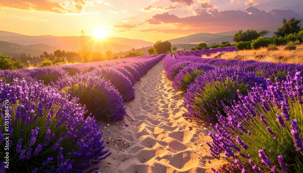 Naklejka premium Golden Hour Sunset Over A Vibrant Purple Lavender Field With Rolling Hills In The Background And A Dirt Path Leading Through The Flowers