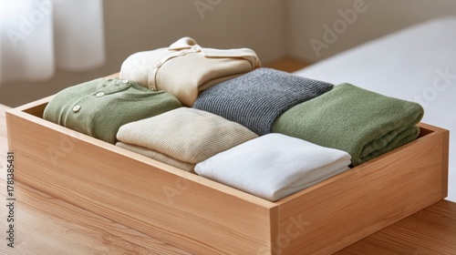 minimalist student apartment Neatly folded clothes arranged in a wooden box on a soft surface.