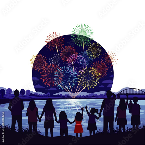 Family Watching Colorful Fireworks Display Over Water.