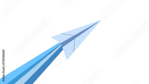 なめらかな青い光の軌跡を描く青い紙飛行機がきらきらと空へ舞い上がる姿が、希望と挑戦を象徴