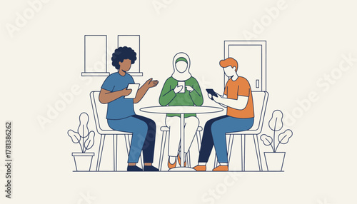 A diverse group of individuals gathered in a coworking space discussing job opportunities and networking while looking at their mobile devices.