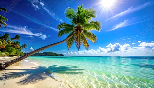 Fototapeta Naklejka Na Ścianę i Meble -  Palm Tree Leaning Over Crystal Clear Turquoise Water On A Sunny White Sand Beach With Lush Green Island In The Distance Under A Bright Blue Sky With Wispy Clouds