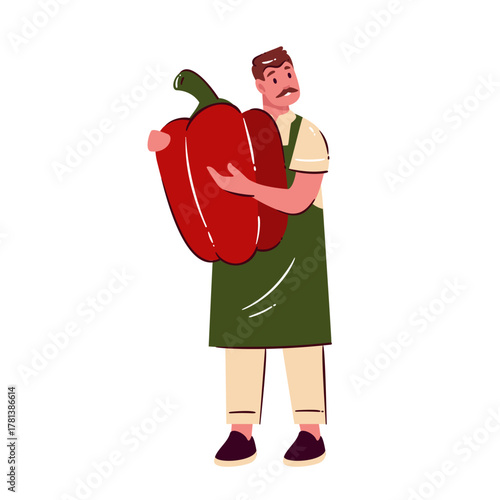 Cartoon seller holding huge red pepper, funny concept of fresh organic vegetables and food market design. Simple flat mascot for grocery store and healthy lifestyle, vector illustration.