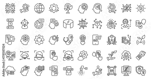 Ambient invisible intelligence icon set outline containing pervasive computing, context awareness, sensor network, data fusion, smart environment, adaptive system, unobtrusive technology